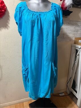 Women's Turquoise Blue Midi Peasant Dress - Relaxed Fit